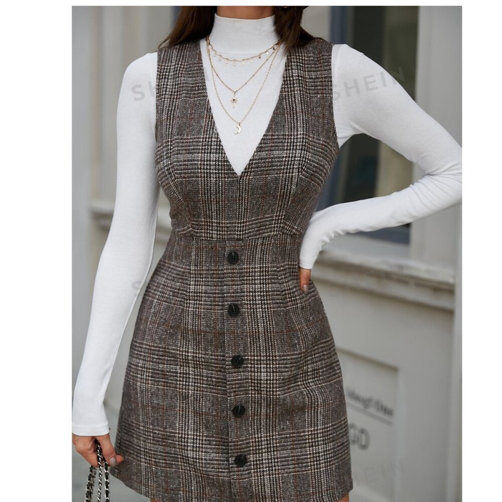 Classic Plaid Single Breasted Dress Without shirt